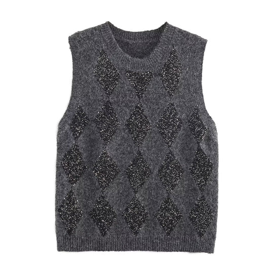 Nola | Vest Top Grey Knitted Argyle Sleeveless Rhinestone