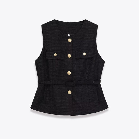 Olive | Sleeveless Tweed Vest Black Gold Button Belted