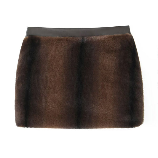 Maeve | Mini Skirt Brown Faux Fur Leather Trim
