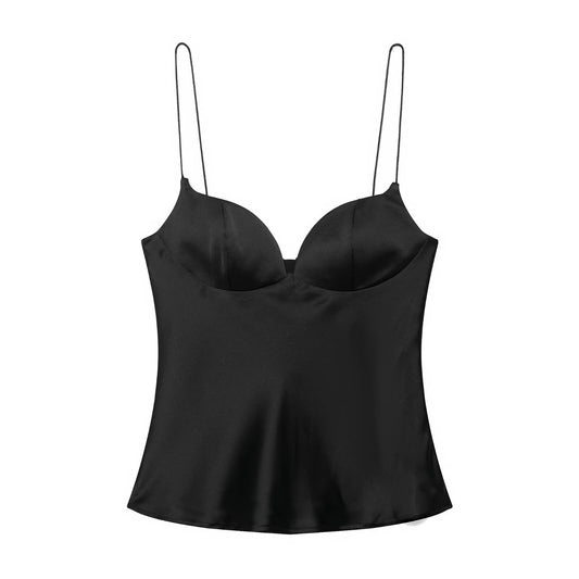 Mira | Satin Cami Top Black V Neck Corset Sleeveless Fitted