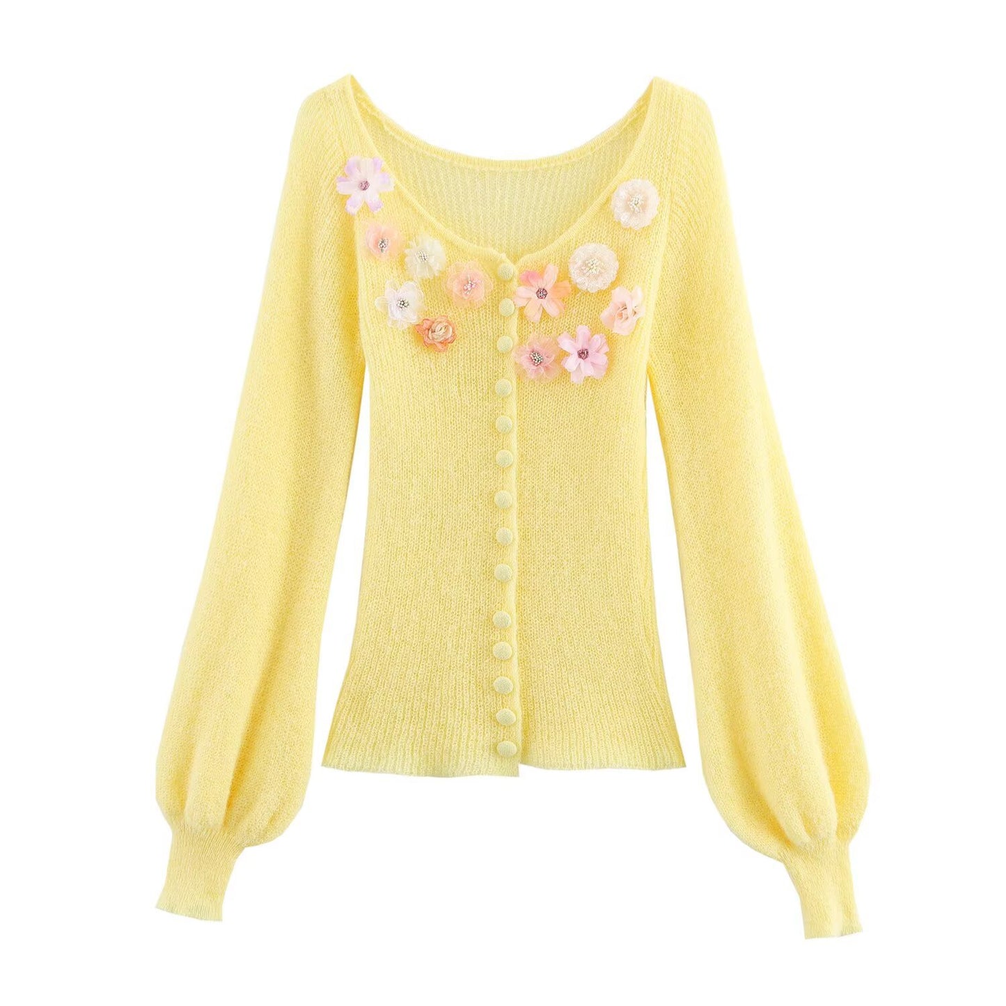 Thea | Coquette Button Front Knit Sweater Yellow Floral Applique V Neck