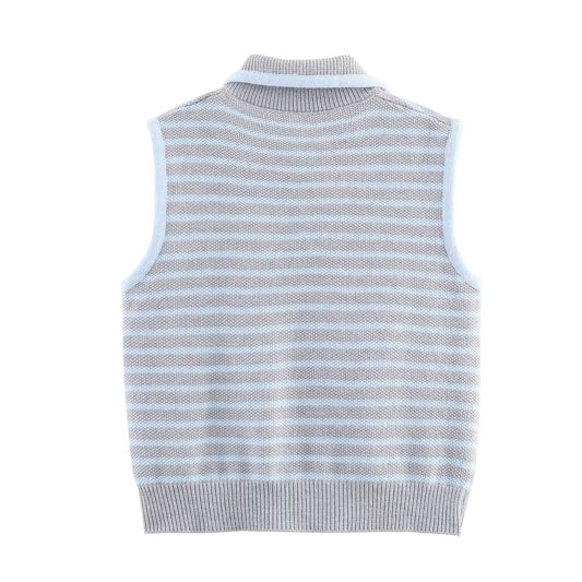 Vera | Striped Knit Sweater Vest Light Blue Collared Button Front