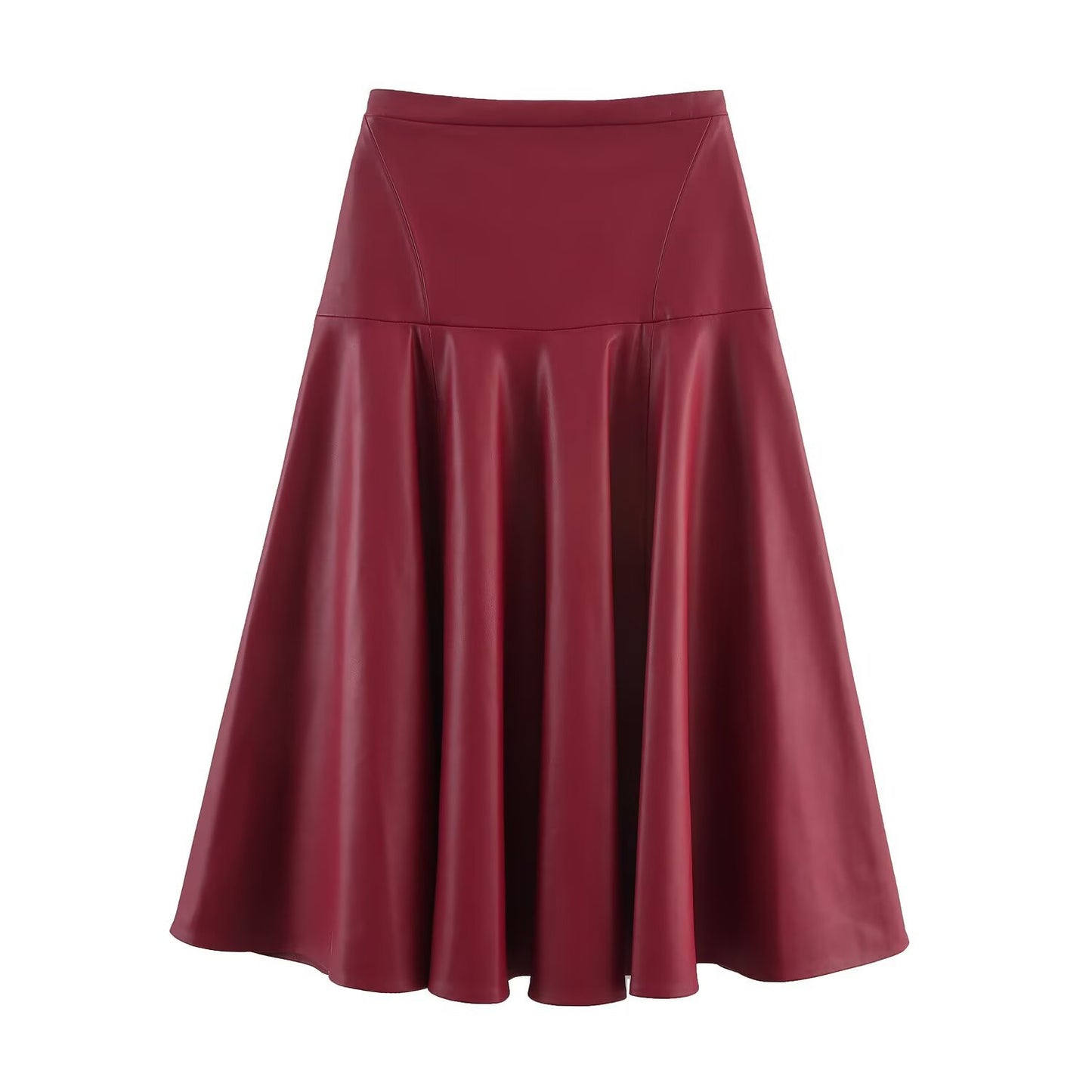 Suki | Leather Midi Skirt Red Flared A Line High Waisted