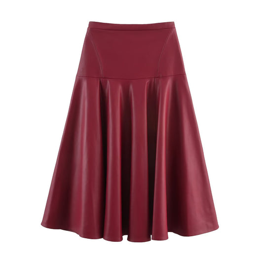 Suki | Leather Midi Skirt Red Flared A Line High Waisted