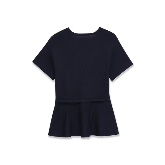 Paloma | Smart Casual Peplum Top Navy Short Sleeve Belted Fitted