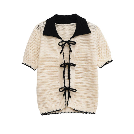 Ivy | Breathable Crochet Knit Short Sleeve Tie Front Polo