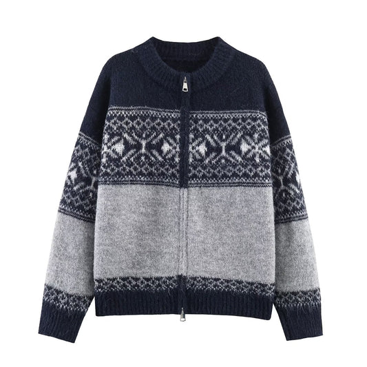 Kira | Winter Knitted Cardigan Brown Cream Fair Isle Zip Up