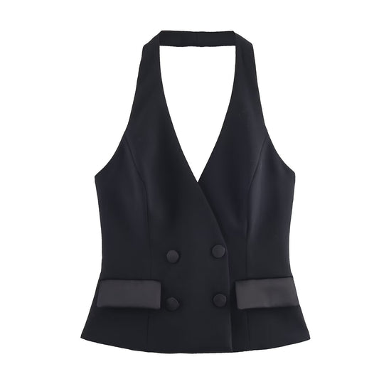 Viola | Elegant Halter Neck Top Black Double Breasted Sleeveless