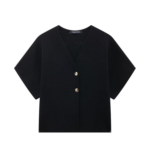Margot | Cropped Button Up Blouse Black Short Sleeve V Neck