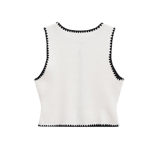 Thea | Coquette Cropped Tank Top White Black Scallop Trim