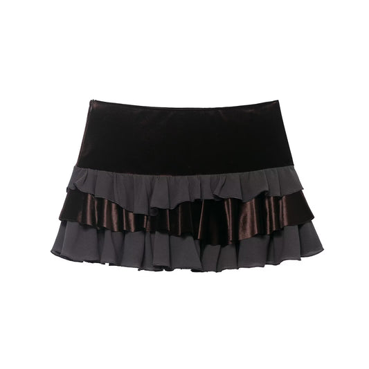 Jules | Mini Skirt Black Velvet Satin Ruffle Tiered
