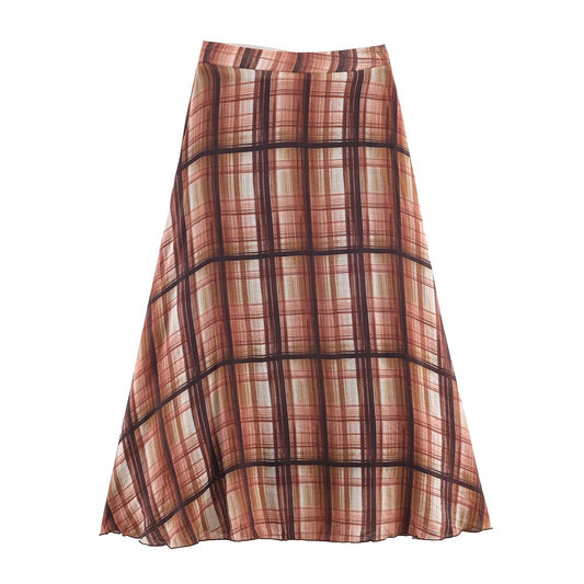 Ada | Autumn Tiered Maxi Skirt Brown Check Sheer