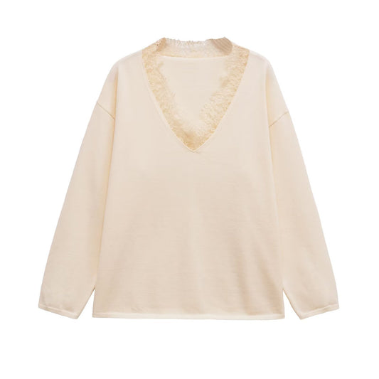 Margot | Lace V Neck Long Sleeve Blouse Cream
