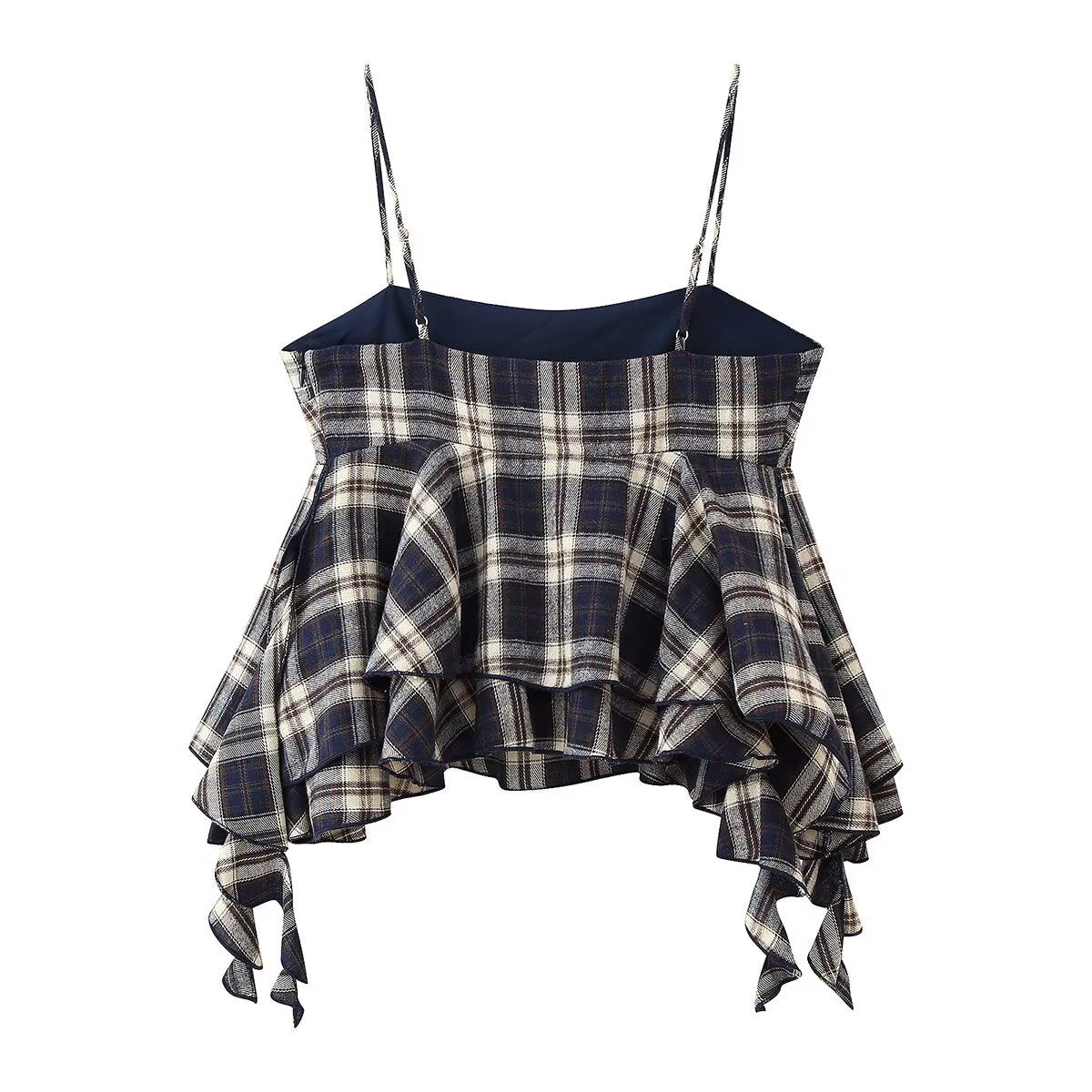 Ayla | Elegant Peplum Top Cami Navy Check Ruffle Spaghetti Strap
