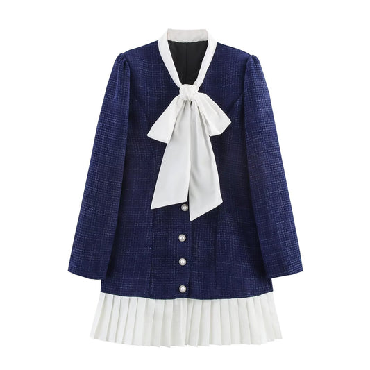 Flora | Elegant Pleated Blazer Dress Navy