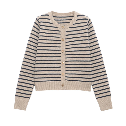 Noa | Striped Cardigan Purple Long Sleeve Knitted Crew Neck Fitted