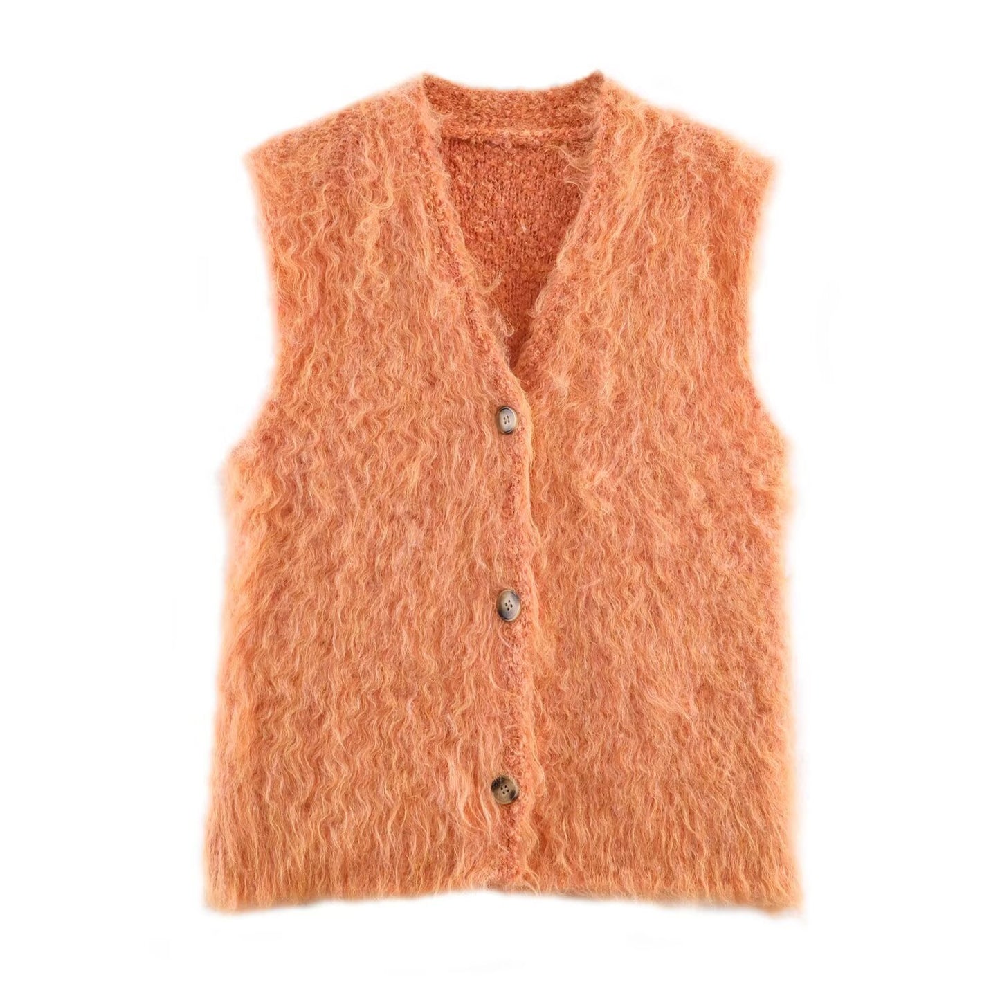 Romy | Fluffy Vest Top Orange Sleeveless Button Front