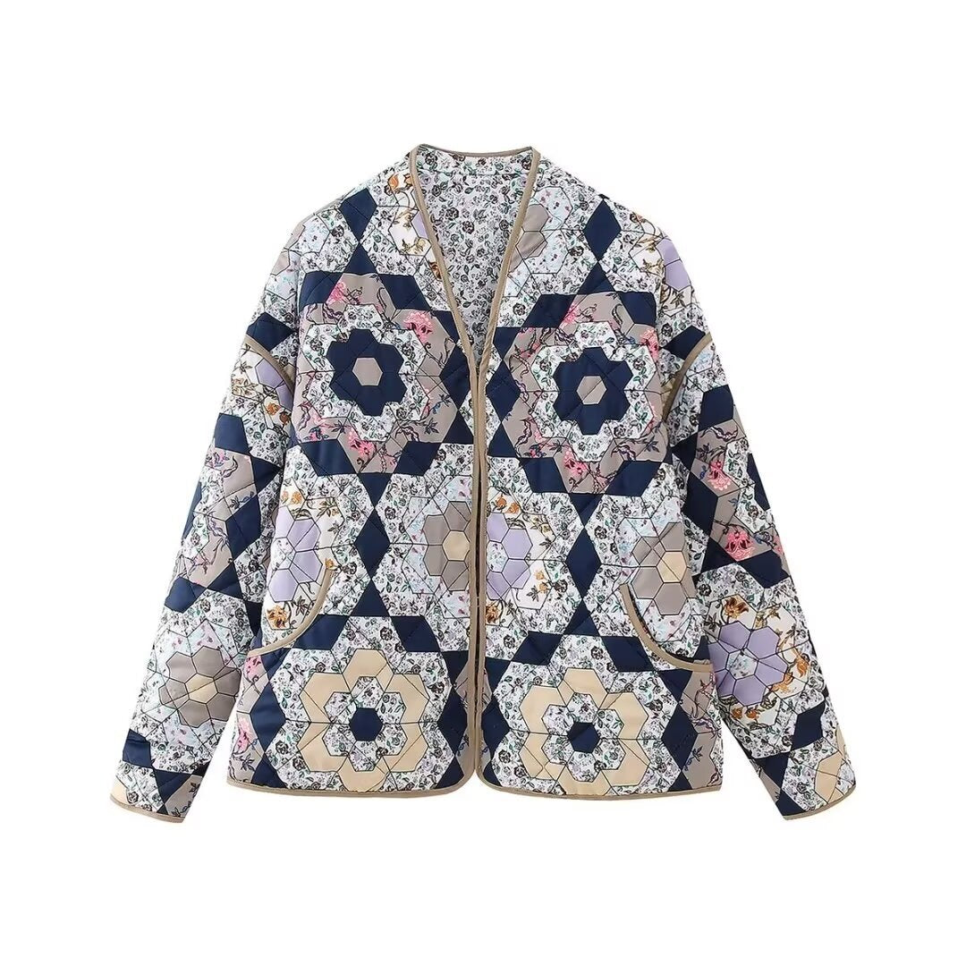 Ayla | Quilted Jacket Patchwork Navy Floral Long Lightweight