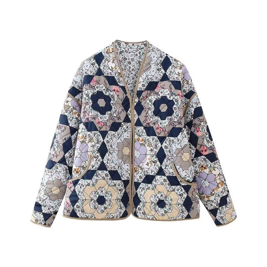 Ayla | Quilted Jacket Patchwork Navy Floral Long Lightweight