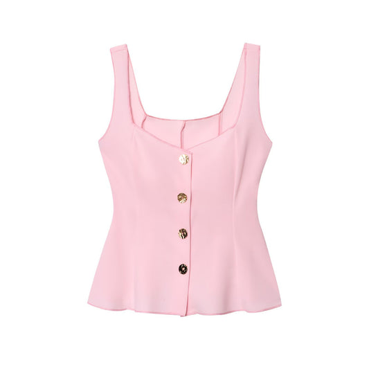 Cleo | Elegant Peplum Top White Sleeveless Square Neck Button Front