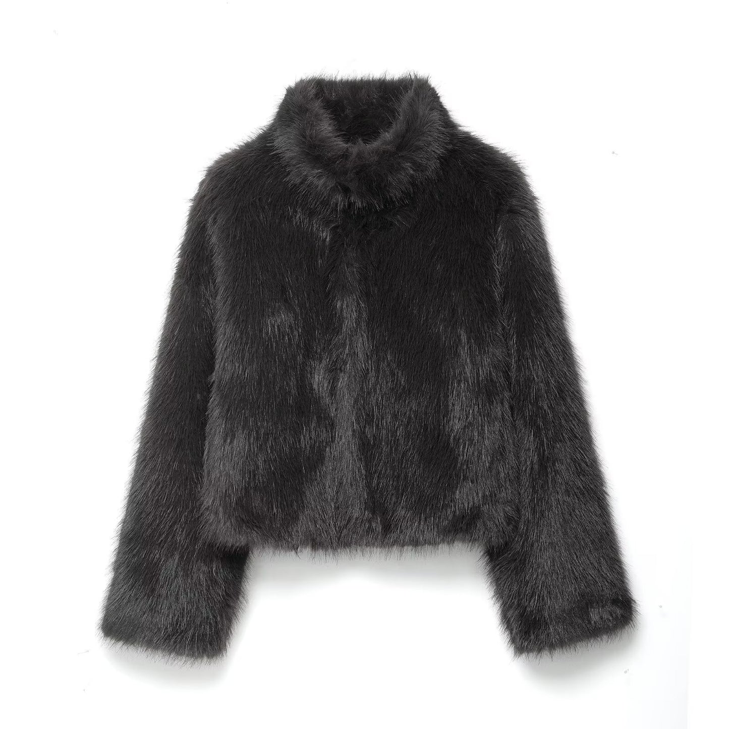Thea | Cropped Faux Fur Coat Black Fluffy