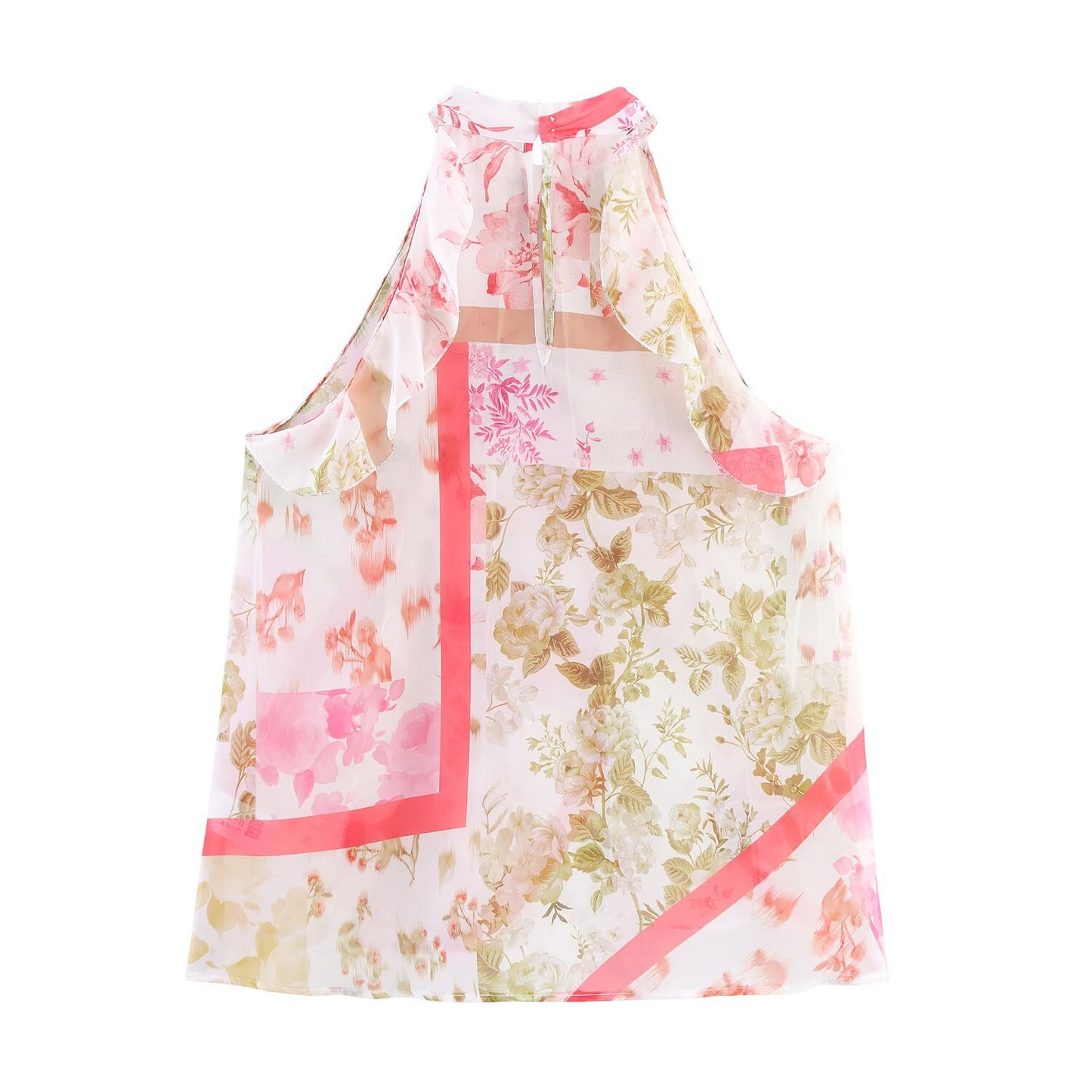 Lola | Elegant Halter Neck Top Pink Floral Chiffon Sleeveless Ruffle
