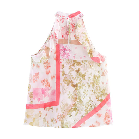 Lola | Elegant Halter Neck Top Pink Floral Chiffon Sleeveless Ruffle