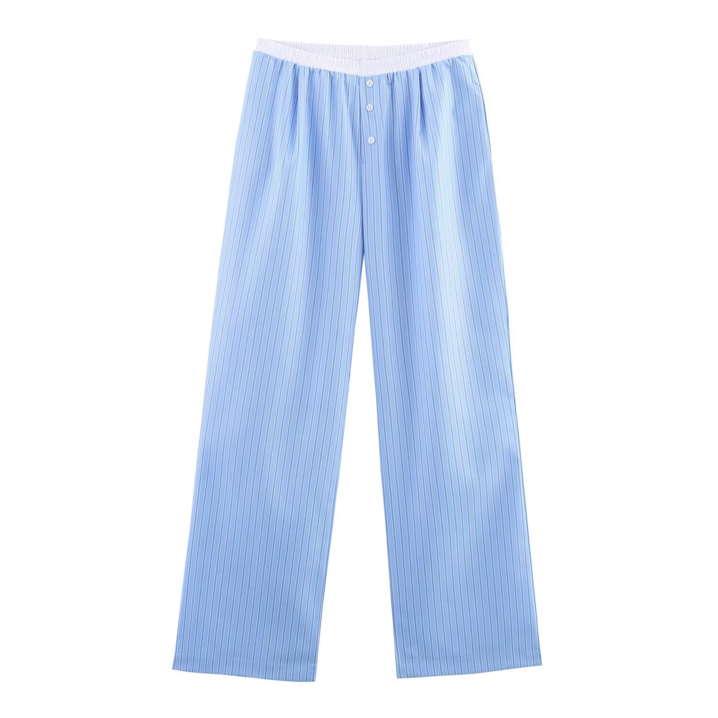 Xena | Casual Light Blue Striped Wide Leg Trousers Button Front