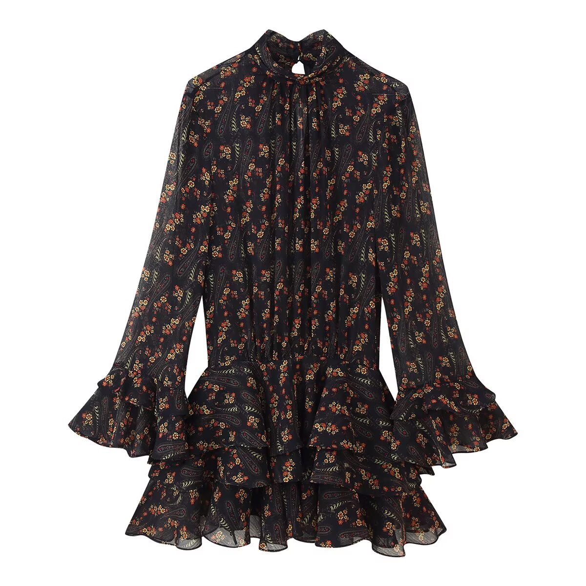 Vera | Floral Mini Dress Black Long Sleeve Ruched