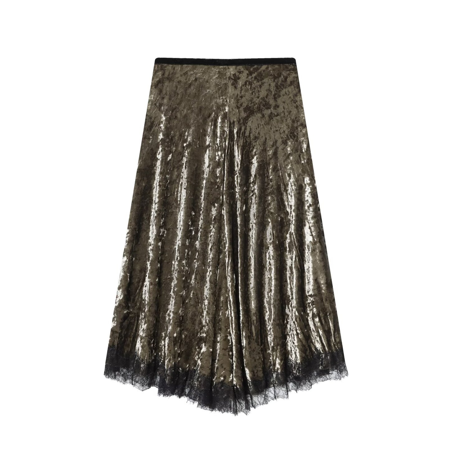 Vera | Velvet Maxi Skirt Olive Lace Trim