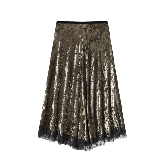Nell | Elegant Velvet Maxi Skirt Green Lace Trim Pleated