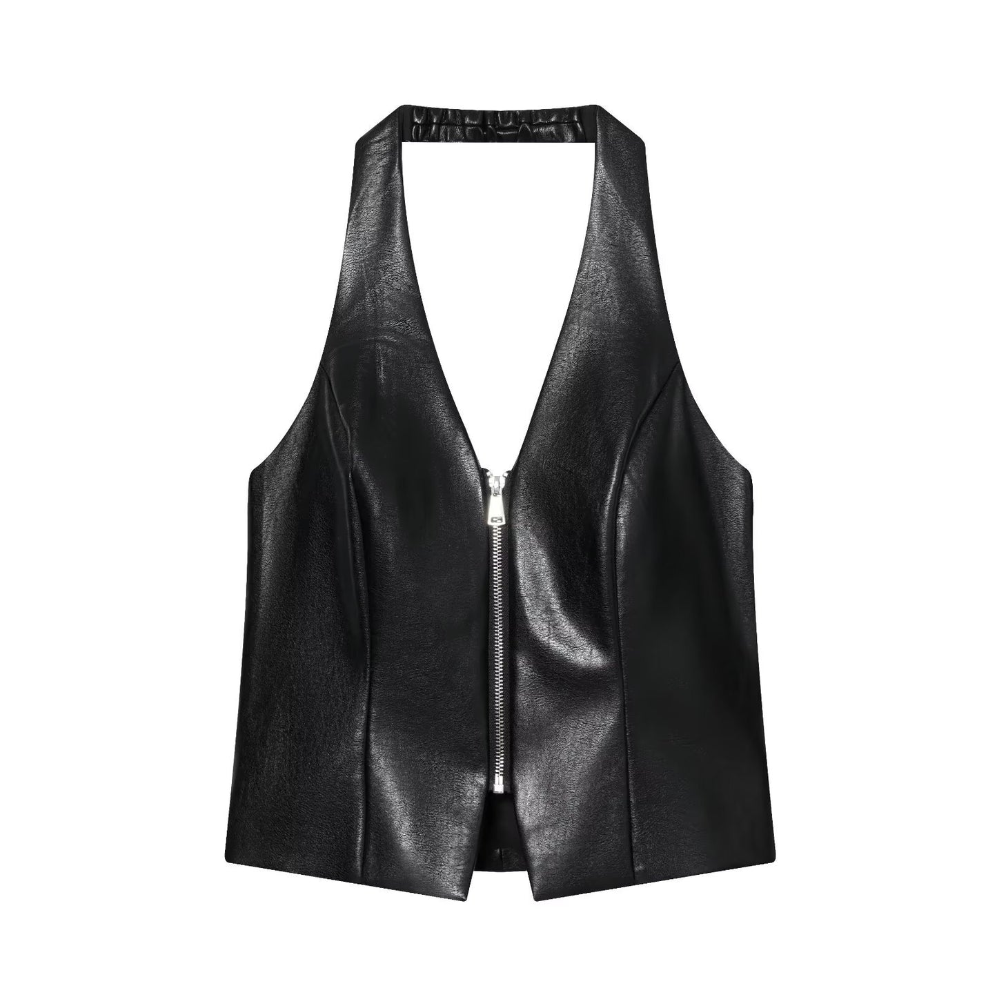 Aria | Halter Neck Top Black Leather Zip Front Corset