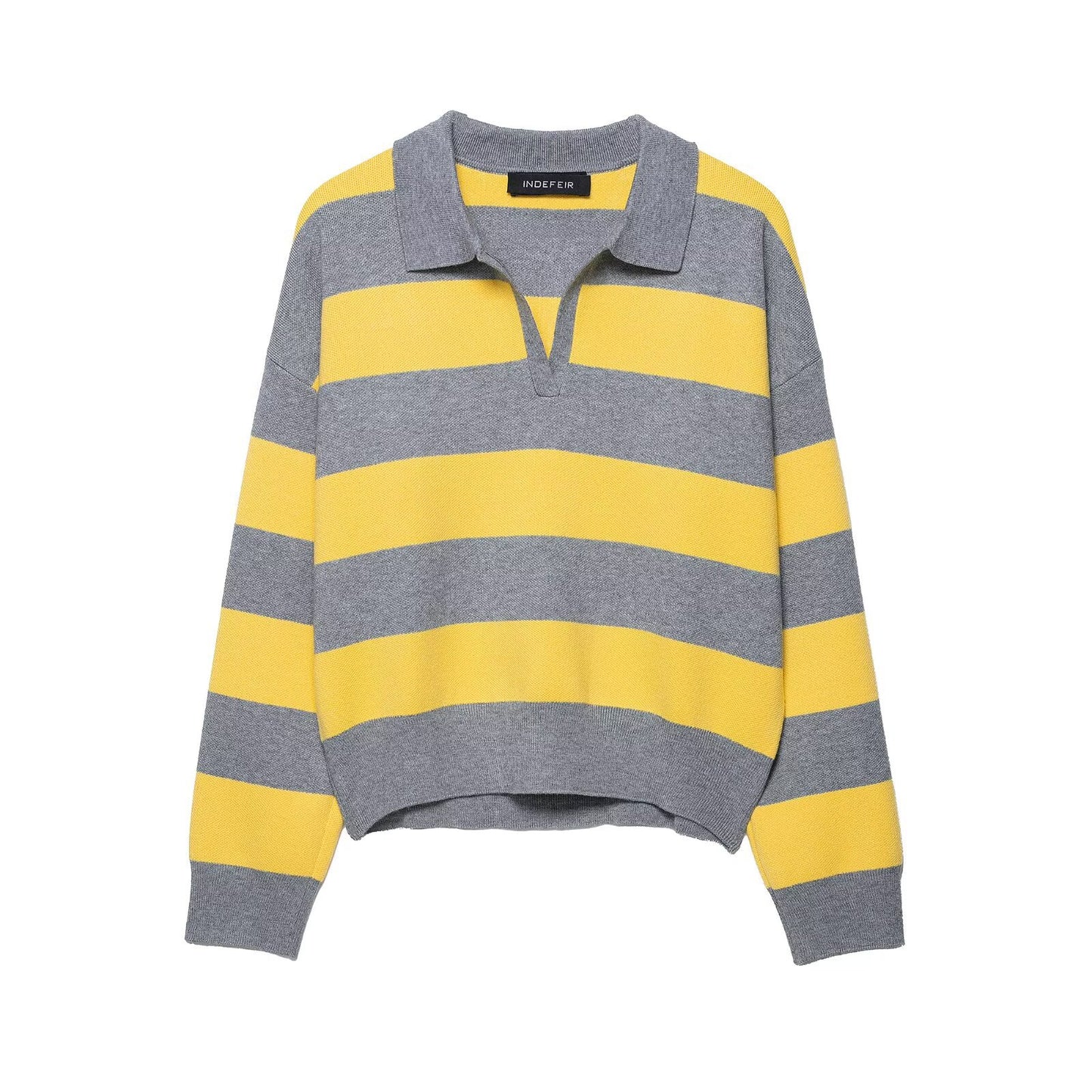Ella | Yellow Stylish Striped Knit Polo Jumper