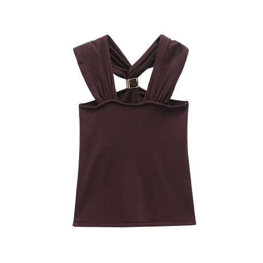 Viola | Halter Neck Top Brown Backless Ruched