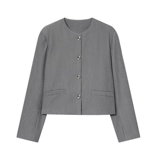 Vera | Cropped Blazer Gray Button Front Long Sleeve