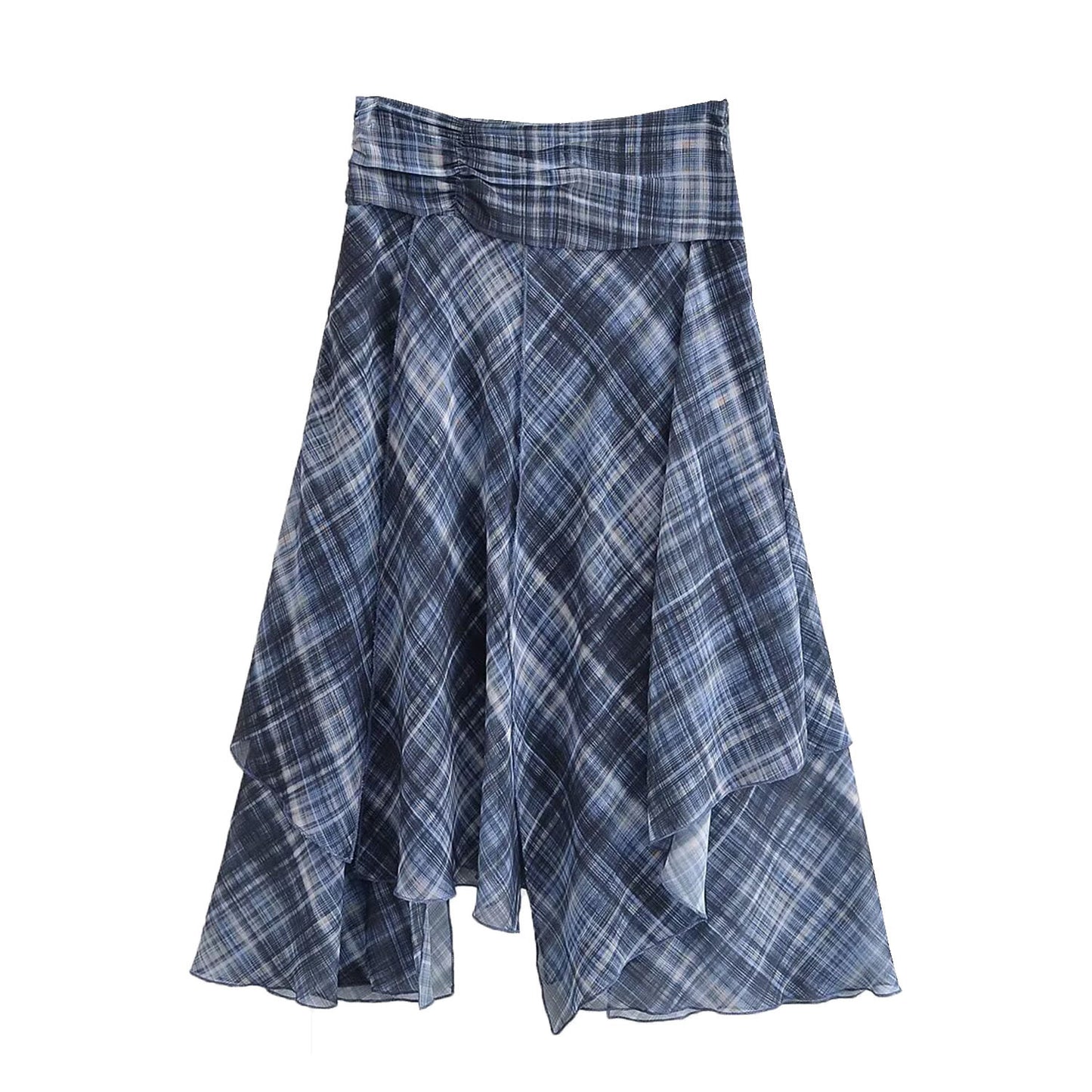 Yara | Midi Skirt Blue Check Asymmetric Hem Sheer Chiffon