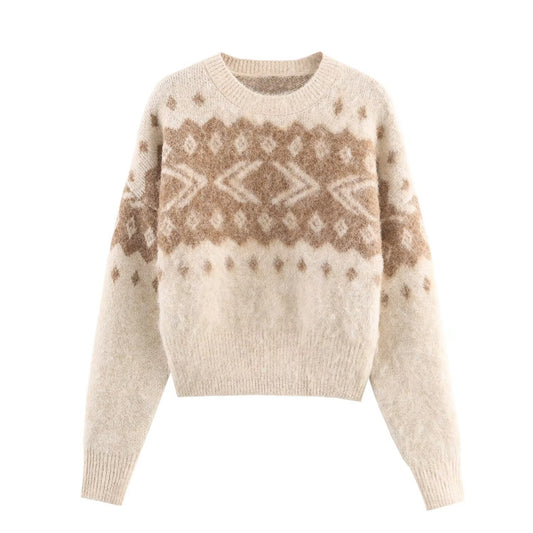 Mabel | Winter Knitted Jumper Cream Beige Nordic Pattern Long Sleeve