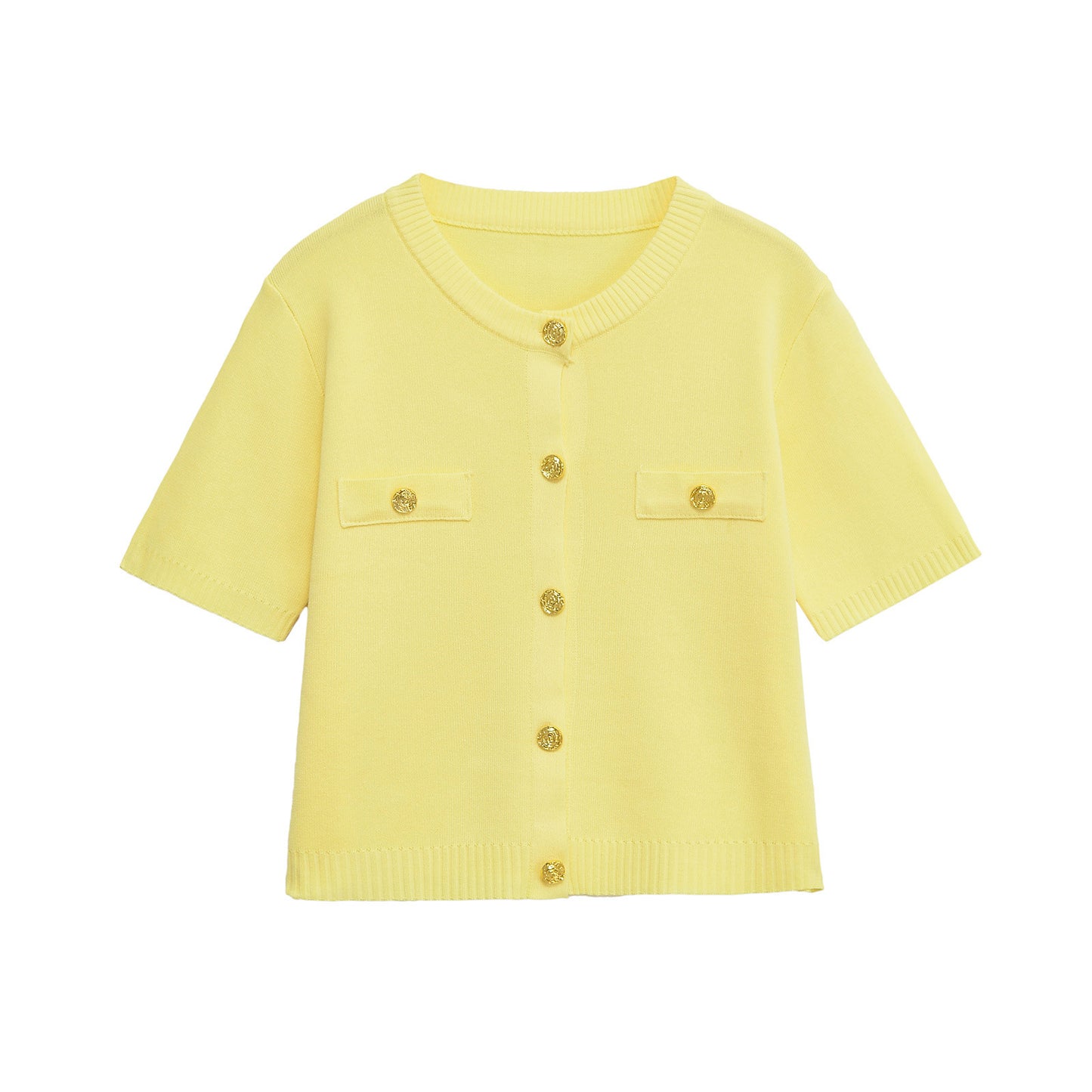 Lucia | Cropped Knit Cardigan Yellow Short Sleeve Gold Button