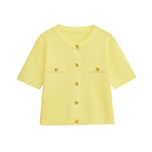 Ayla | Summer Knitted Cardigan Yellow Short Sleeve Cropped Gold Button