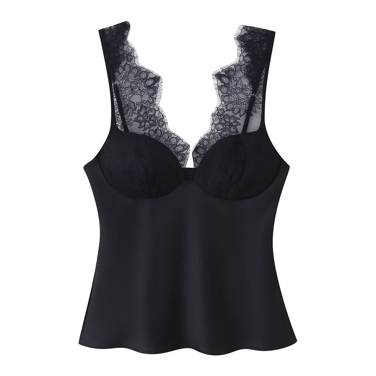 Darcy | Elegant Lace Top Black Sleeveless V Neck Fitted