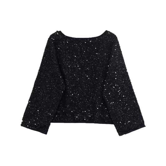 Aria | Sequin Top Black Long Sleeve Crop Boxy Embellished