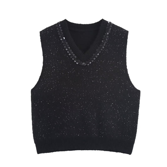 Vera | Cropped Sweater Vest Gray V Neck Rhinestone