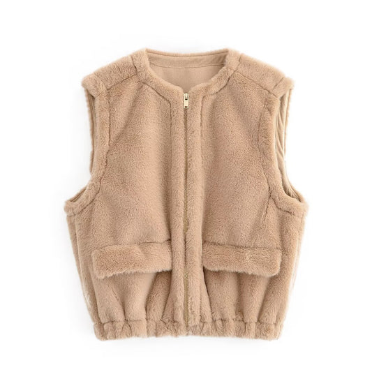 Thea | Oversized Sherpa Vest Beige Zip Up Front Pockets