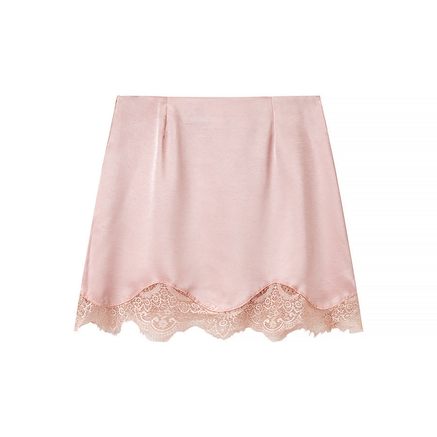 Liv | Satin Mini Skirt Pink Lace Trim