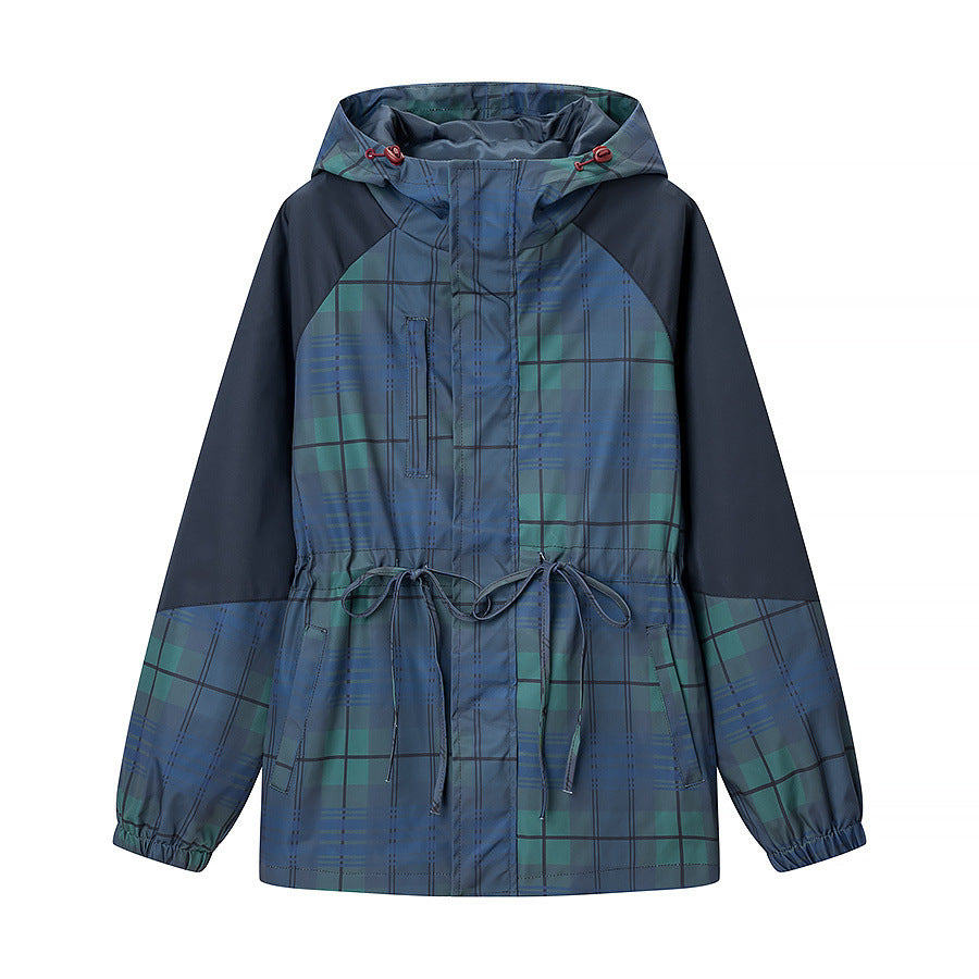 Ivy | Casual Plaid Hooded Jacket Navy Green Drawstring