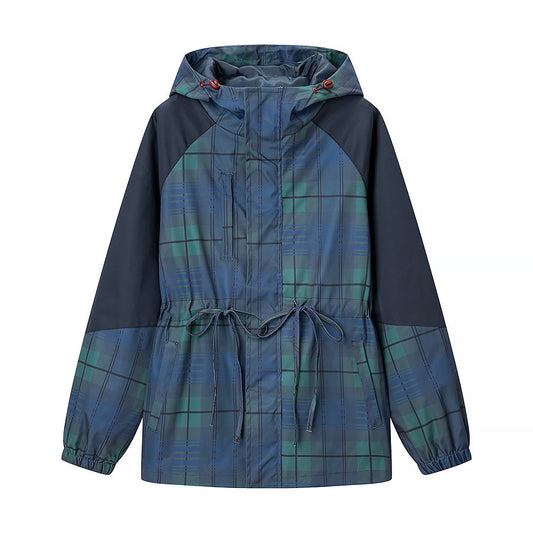 Ivy | Casual Plaid Hooded Jacket Navy Green Drawstring