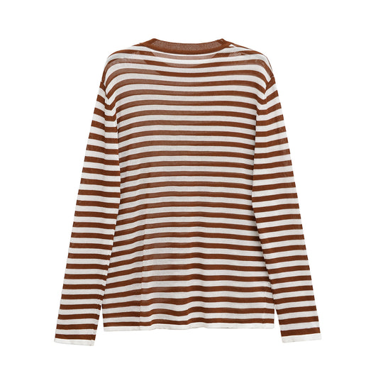 Lena | Long Sleeve Top Brown White Striped Cotton Crew Neck