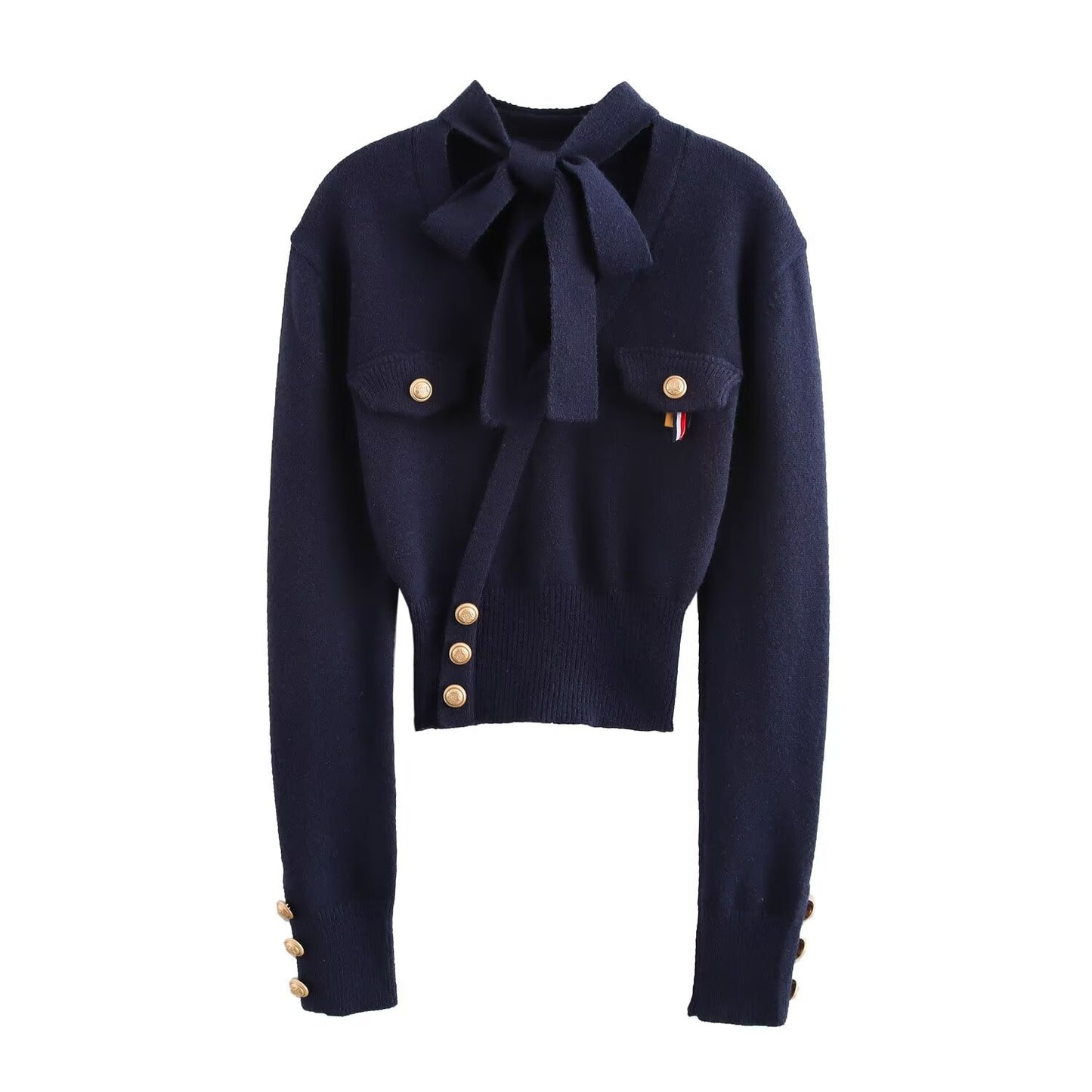 Vera | Tie Neck Button Blouse Navy Long Sleeve Cropped