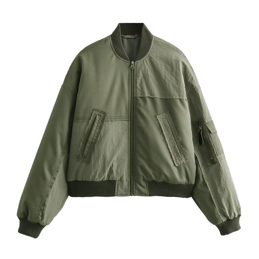 Freya | Casual Oversized Green Bomber Jacket Khaki Utility Zip Up