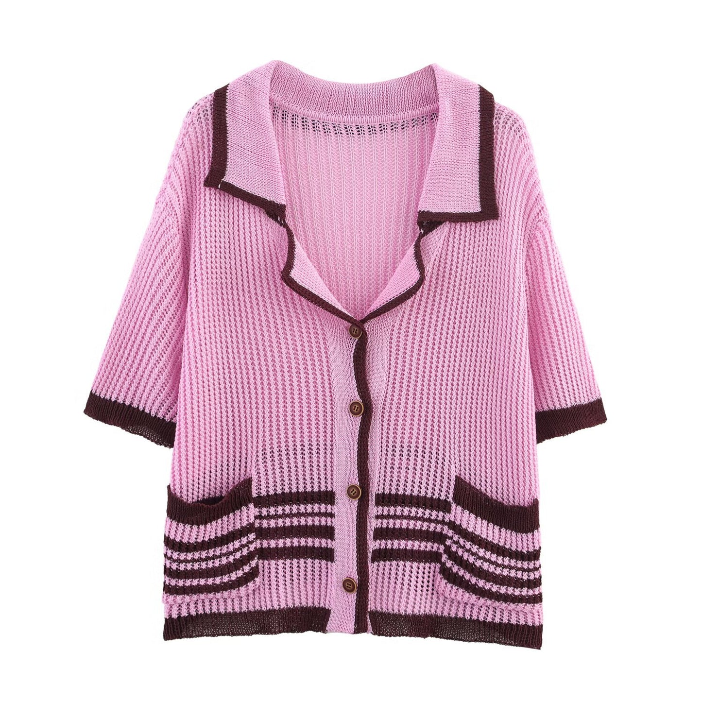 Florence | Pink Relaxed Open Knit Polo Cardigan